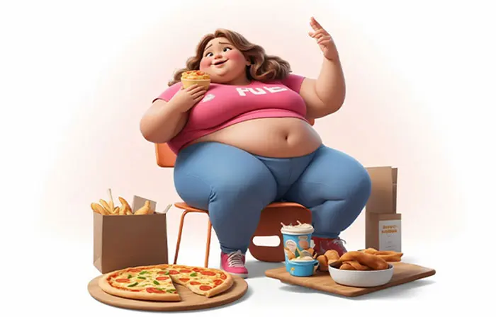 Fat Woman Overeating Unhealthy Junk Food 3D Character Illustration